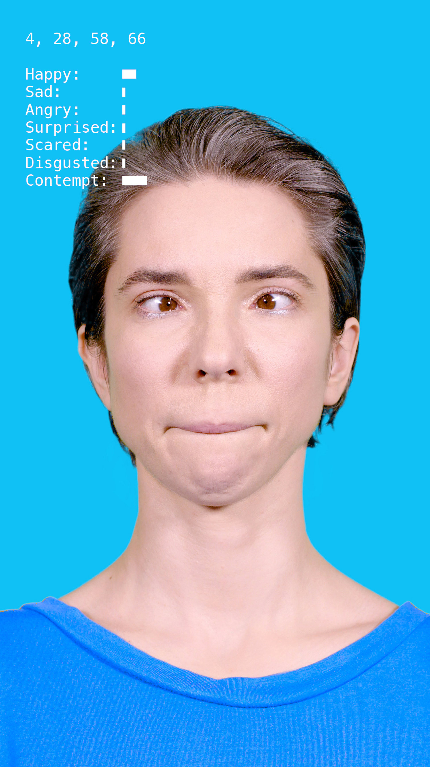 The screenshot shows a woman looking frontally into the camera. The feelings of her facial expression are shown in different modes in the upper left corner of the picture.