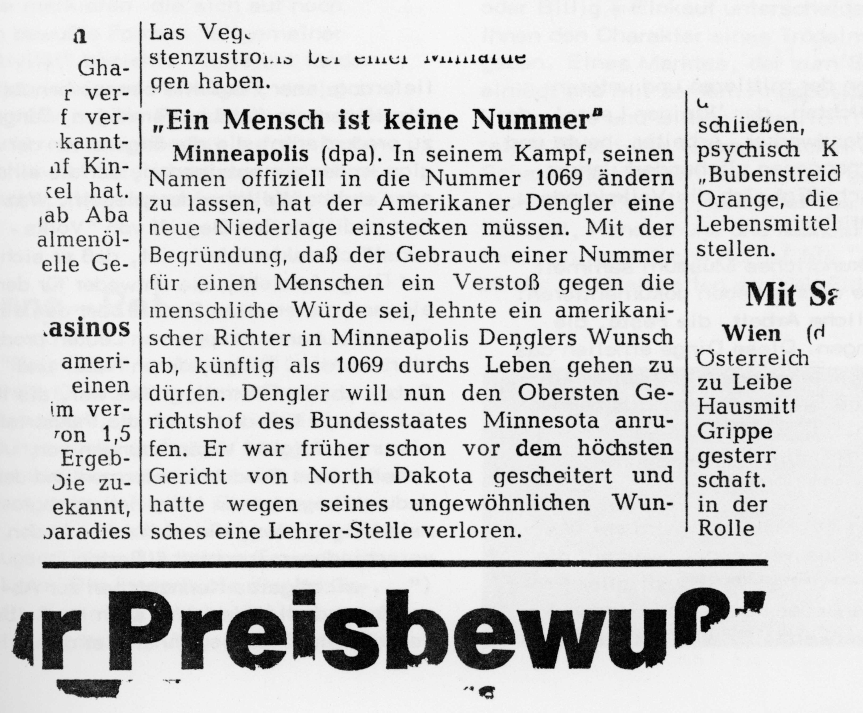 Zeitungsartikel mit der Überschrift: Ein Mensch ist keine  Nummer