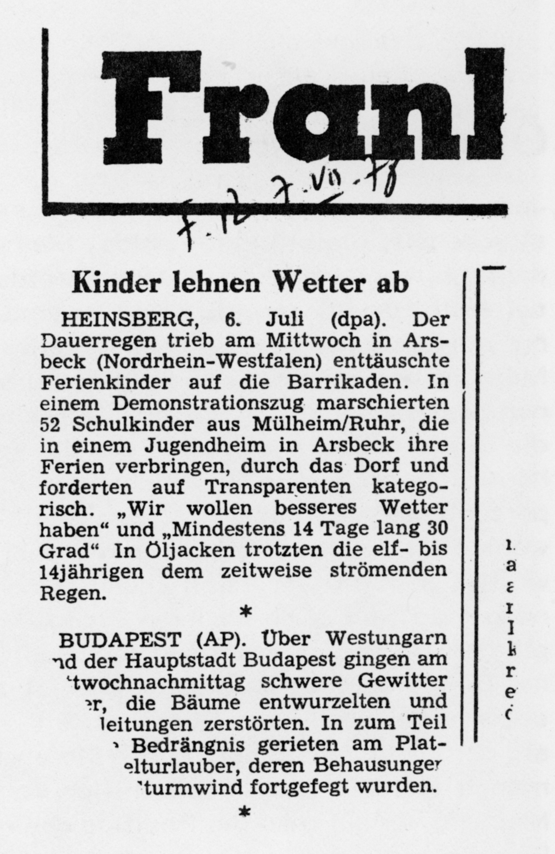 Zeitungsausschnit mit der Überschrift: Kinder lehnen Wetter ab
