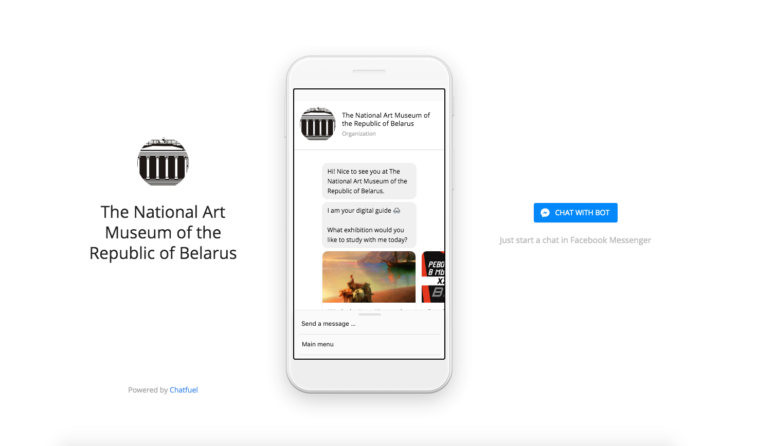 Smartphone with started chatbot application of the National Art Museum of the Republic of Belarus