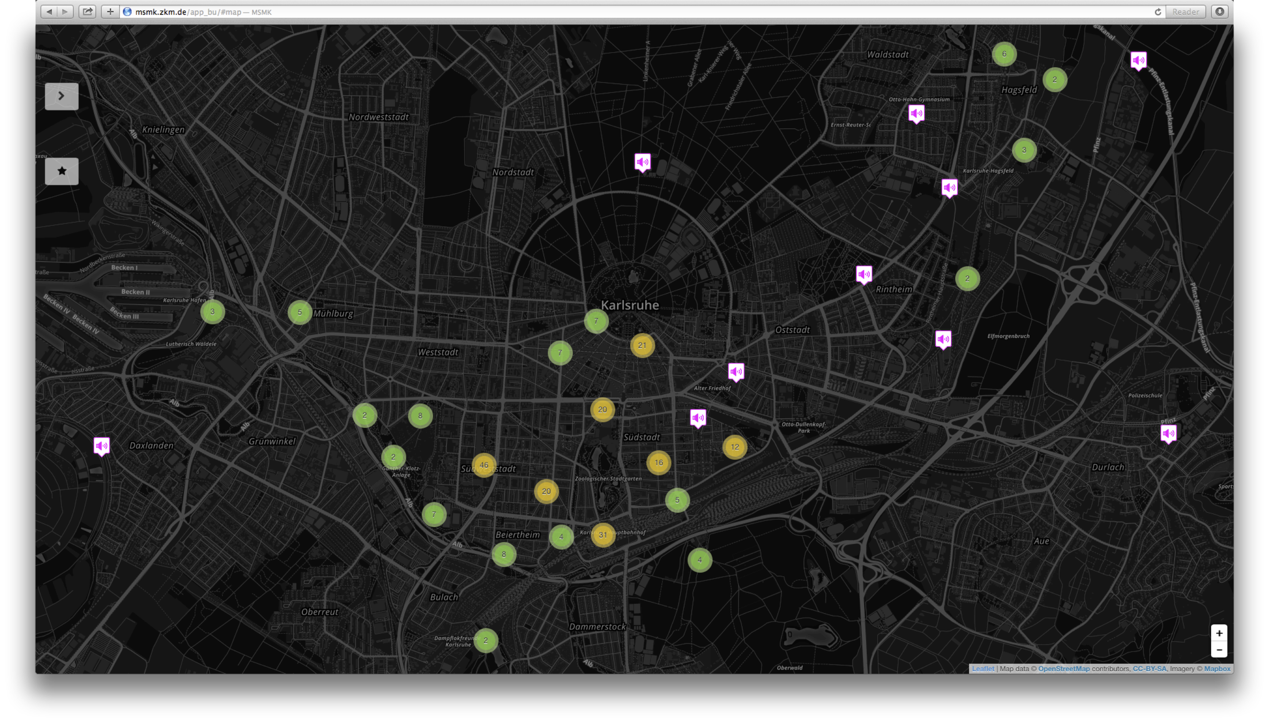 Screen-shot of the app «My City, My Sounds«: citymap with symbols
