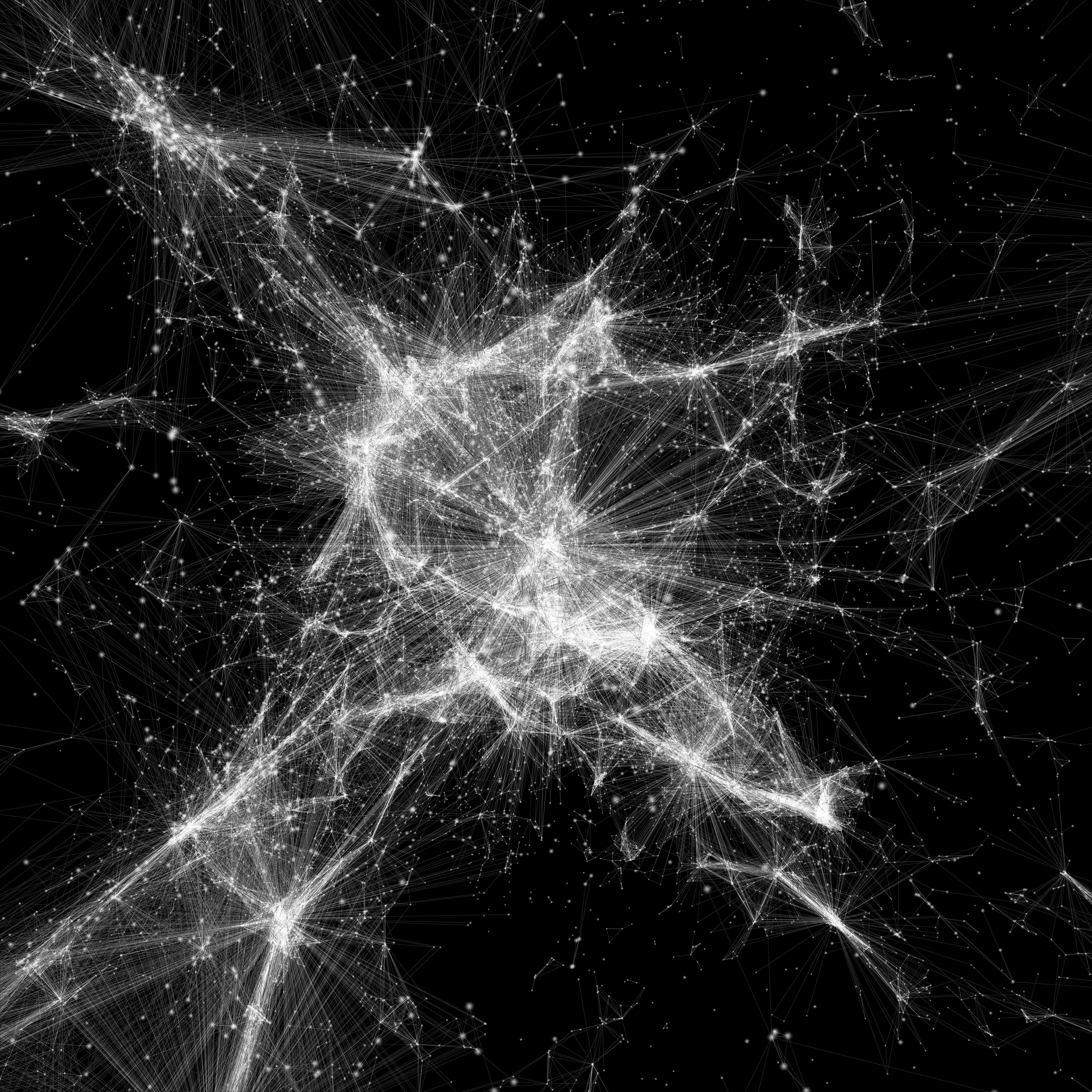 Zu sehen ist eine Visualisierung eines Netzwerkes. Es sieht aus wie ein Spinnennetz.
