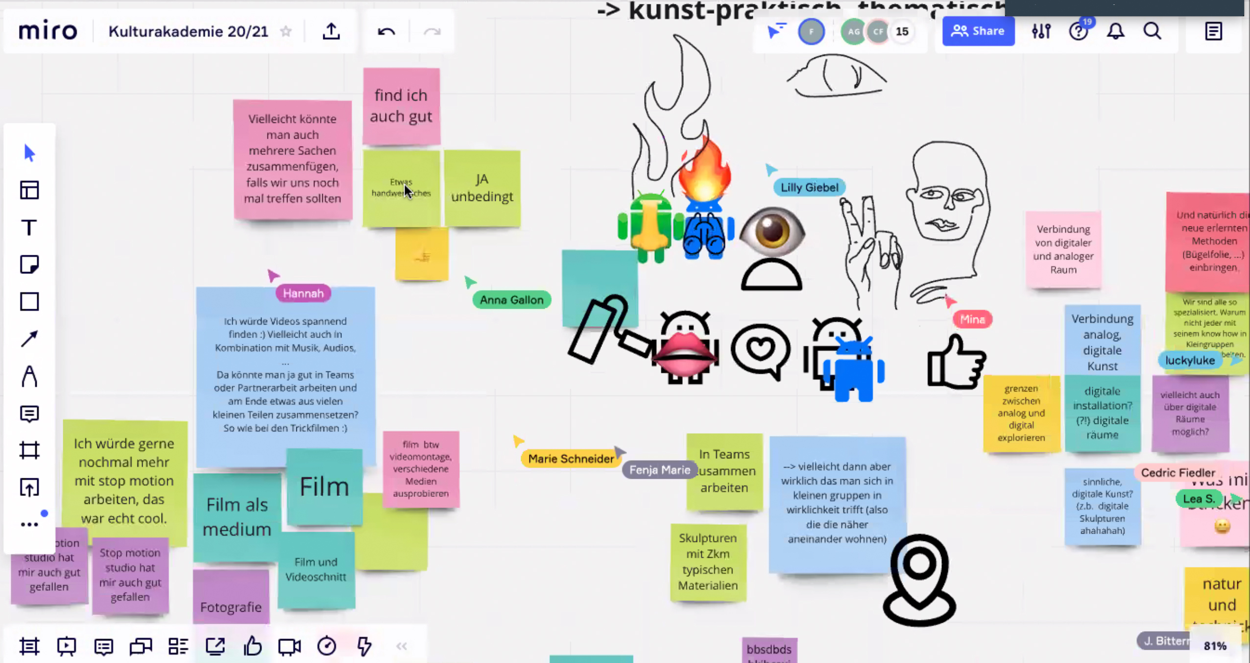 Auf dem Bild ist ein Screenshot von einem Ideenboard mit verschiedenen Zeichnungen und Notizen zu sehen, die im Rahmen der Kulturakademie Baden-Württemberg 2020/21 entstanden sind.