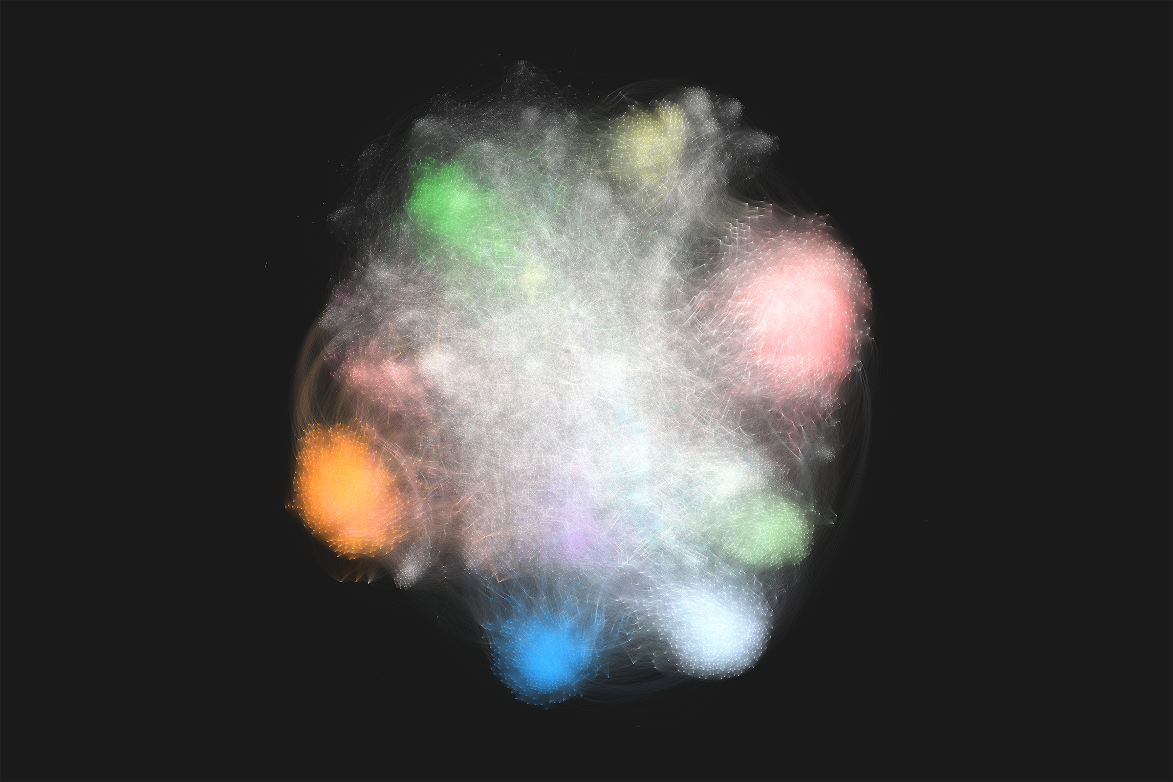 Network display that looks like a glowing fog, white in the middle with coloured round spots at the edge