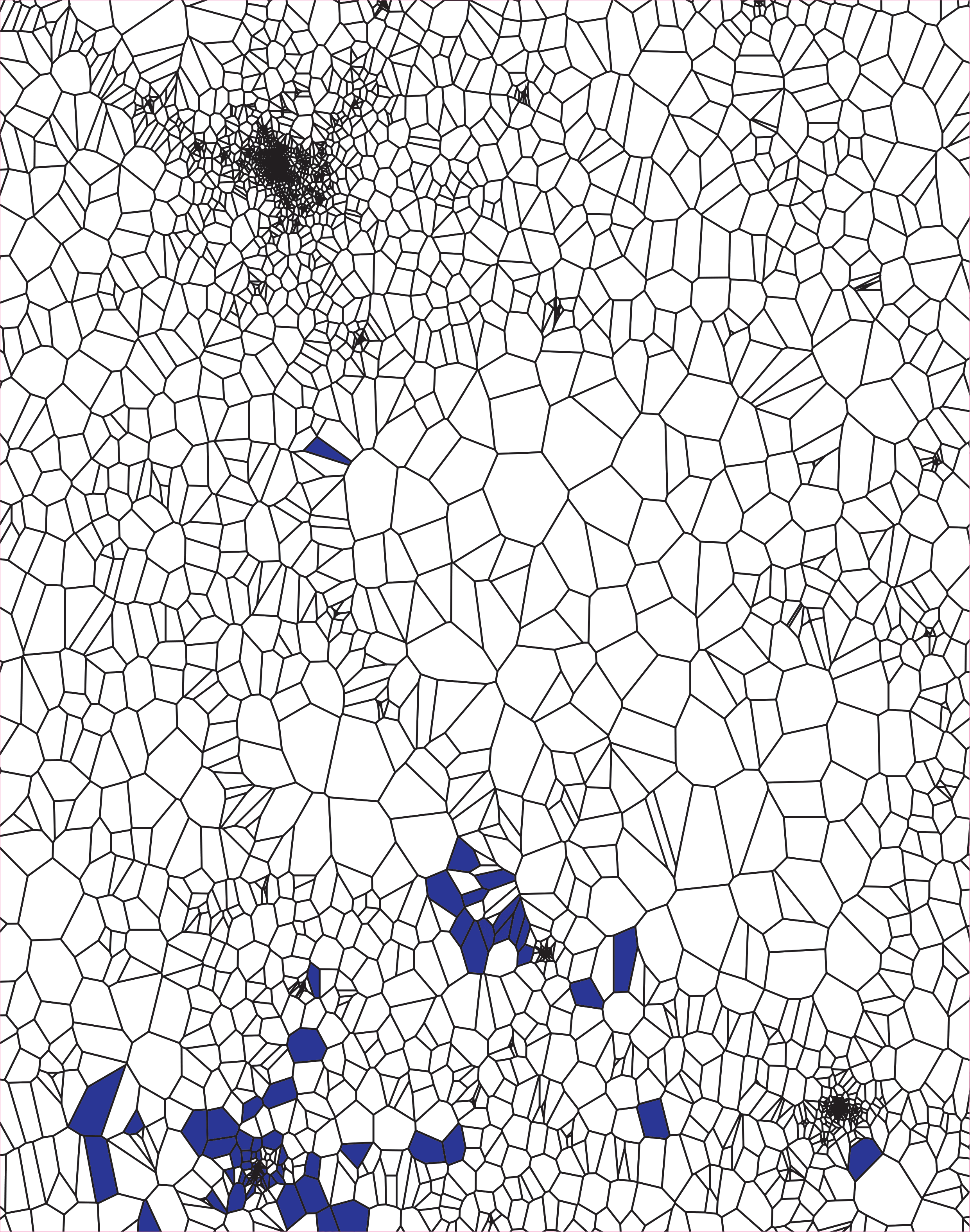 Geographical maps with lines similar to a cell structure. Coloured cells represent the virus-infected areas, which continue to spread from image to image until they cover the entire map.