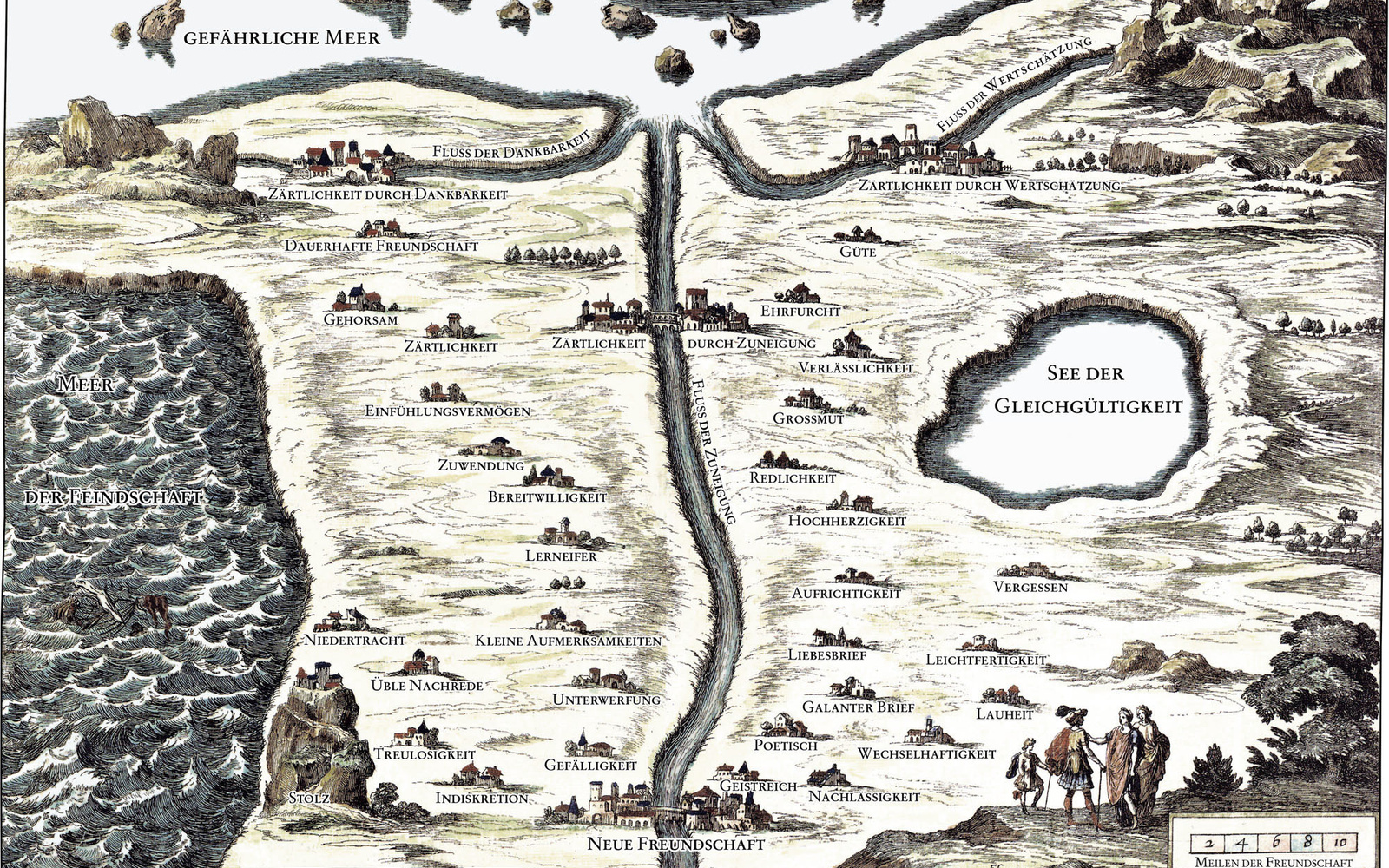 Eine kolorierte Landkarte aus dem 17. Jahhundert. Die Namen der Dorfer und Gewässer sind Bezeichnungen von Gefühlen.
