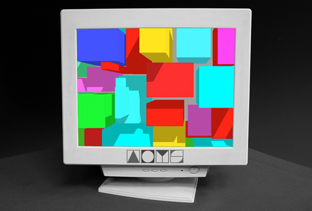 Alter Computerbildschirm mit bunten Quadraten. Am unteren Rand das Logo von 'ArtOnYourScreen'.