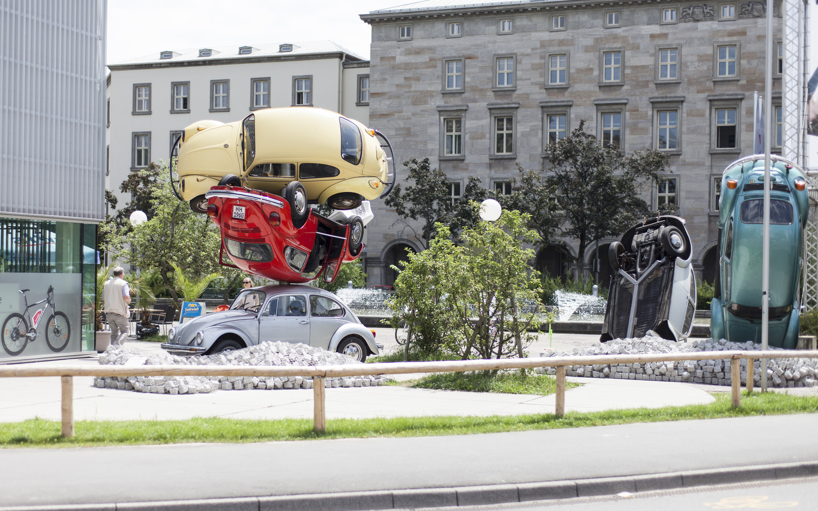 Stacked VW beetles in different colors