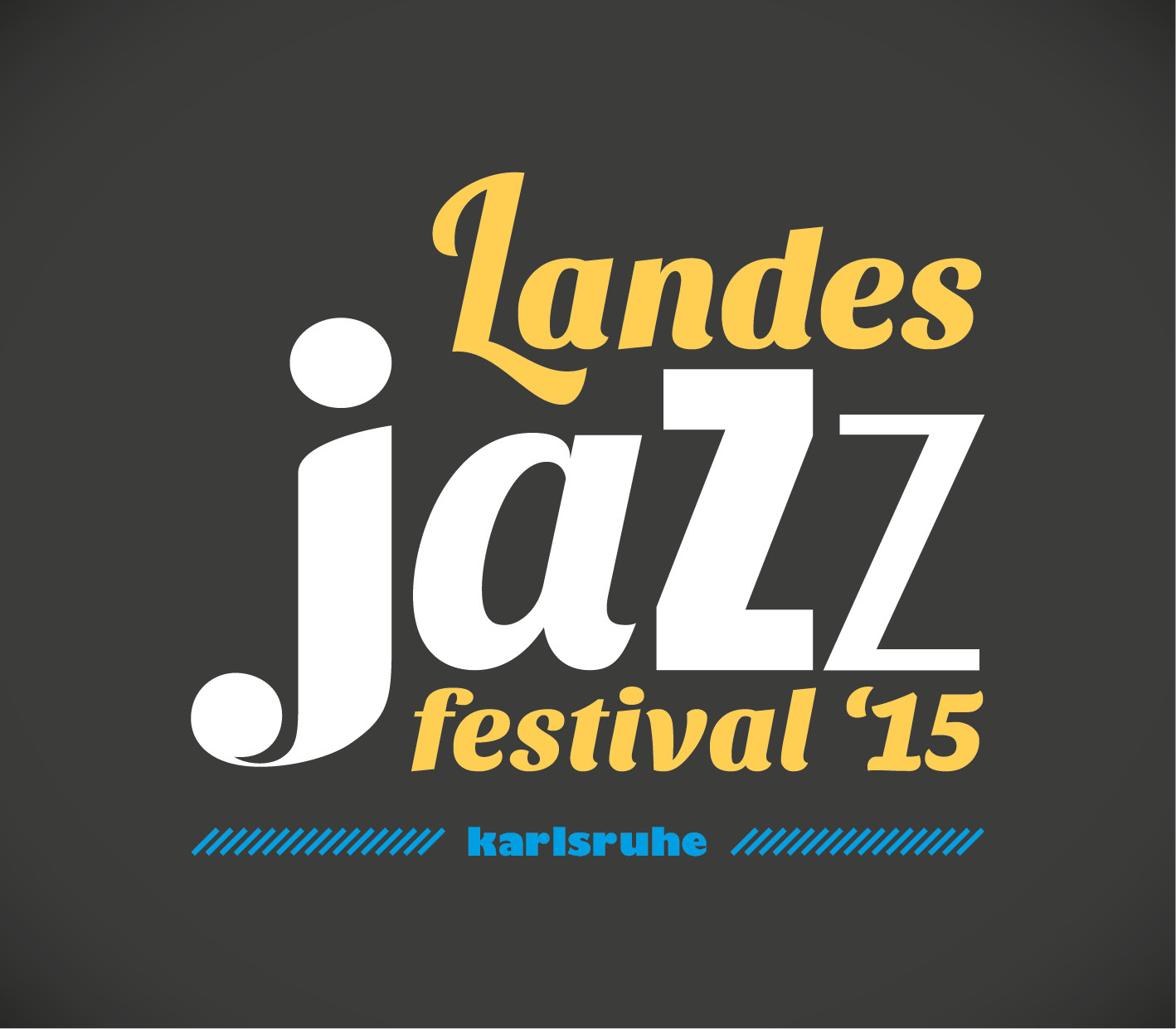 Orangene, weiße und blaue Schrift auf schwarzem Grund: Landesjazzfestival '15, Karlsruhe