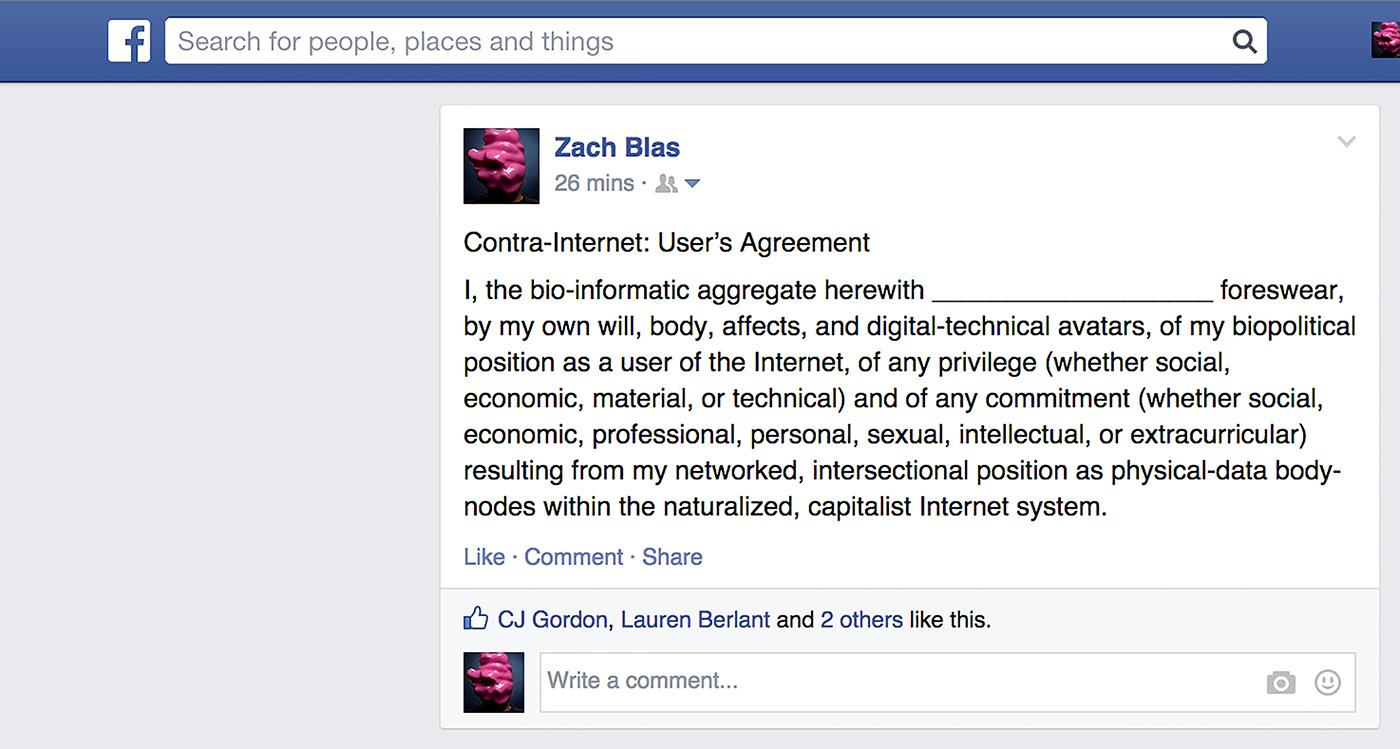 Bildschirmfoto eines Facebook-Posts von Zach Blas