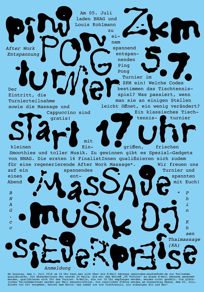 Poster design »Ping Pong Turnier« at ZKM, black writing on light blue background