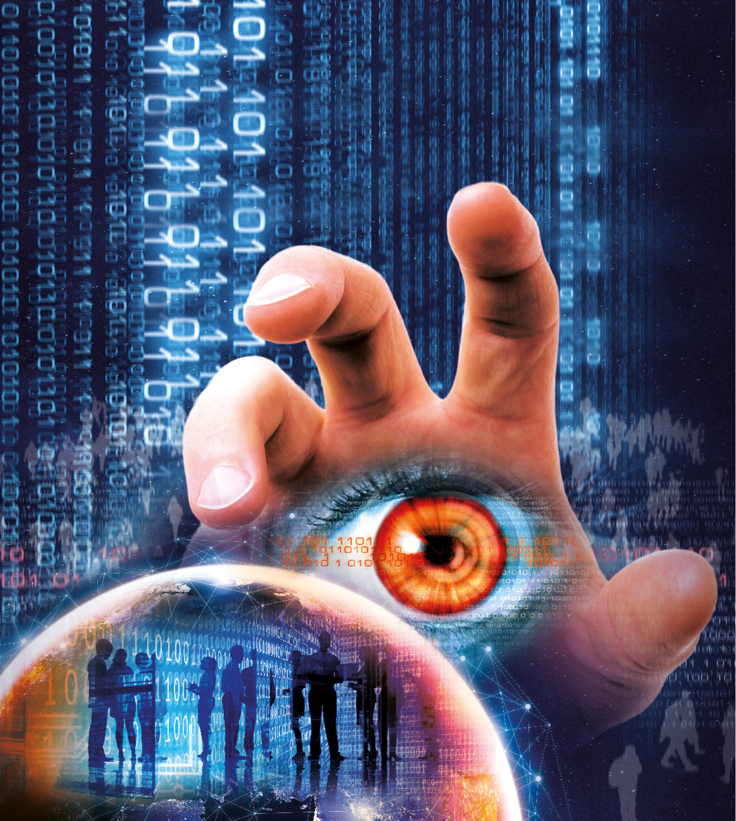 Eine Hand greift nach einer Menge von menschen, die verschiedene digitale Endgeräte benutzen. In der Handfläche ist ein Auge abgebildet. Im Hintergrund rattern Zahlenreihen durch das Bild.