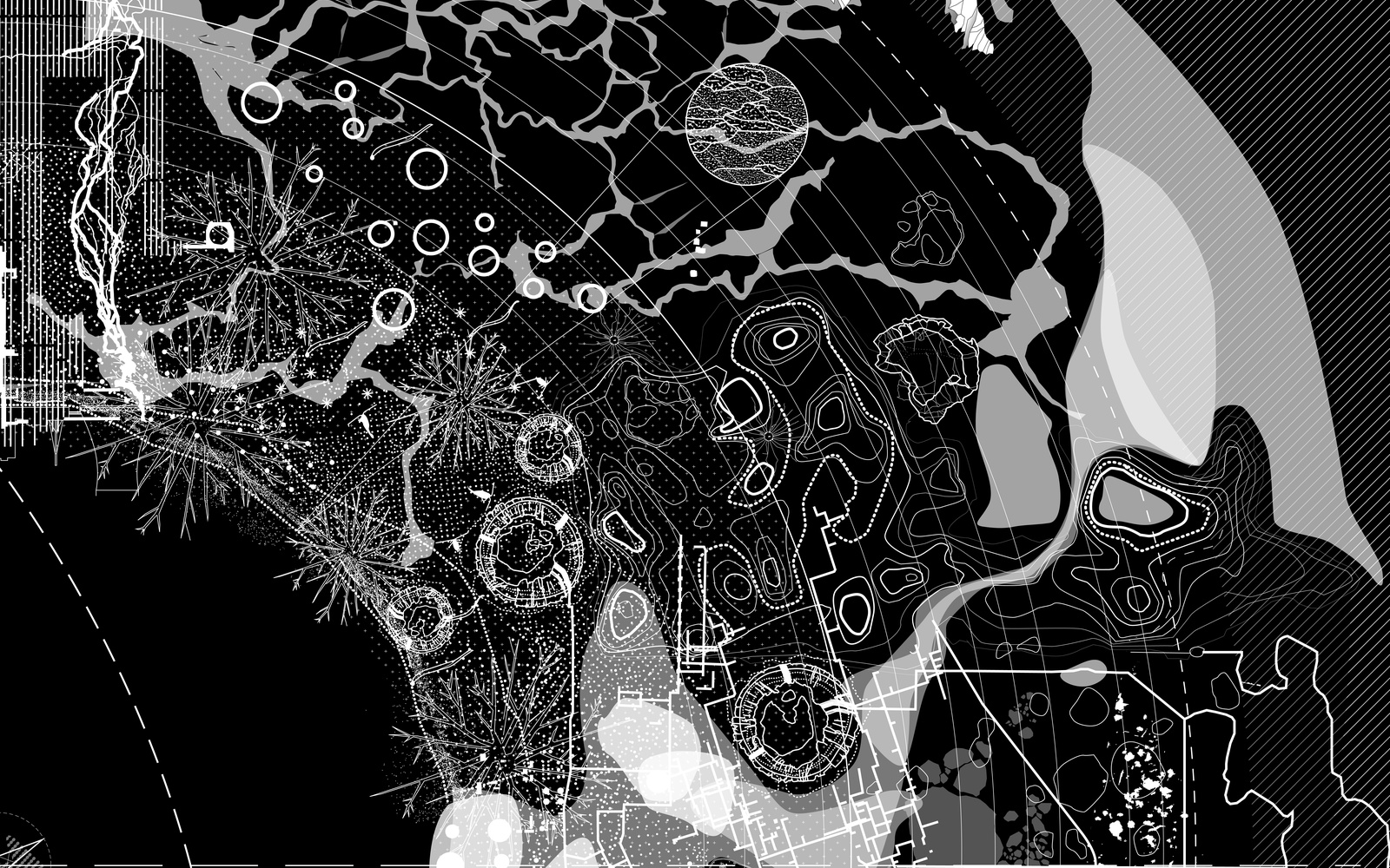 Abstrahierte Karte in schwarz-weiß zur Ausstellung »Critical Zones« von Bruno Latour