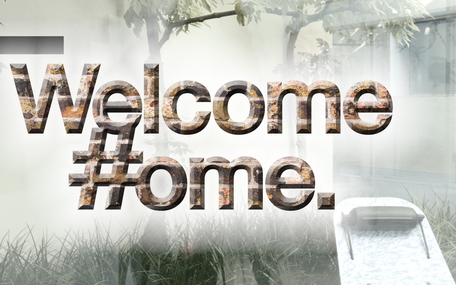 Marbled »Welcome #ome.« lettering on animated background indicating a meadow with tree and on the right a house