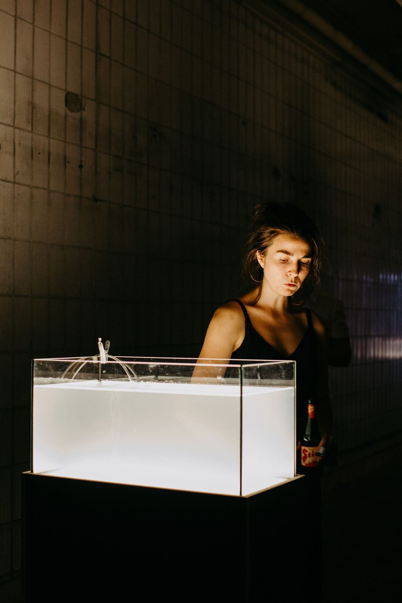 Das Foto zeigt die Hydroökologin und Künstlerin Christina Gruber vor einer Installation. 