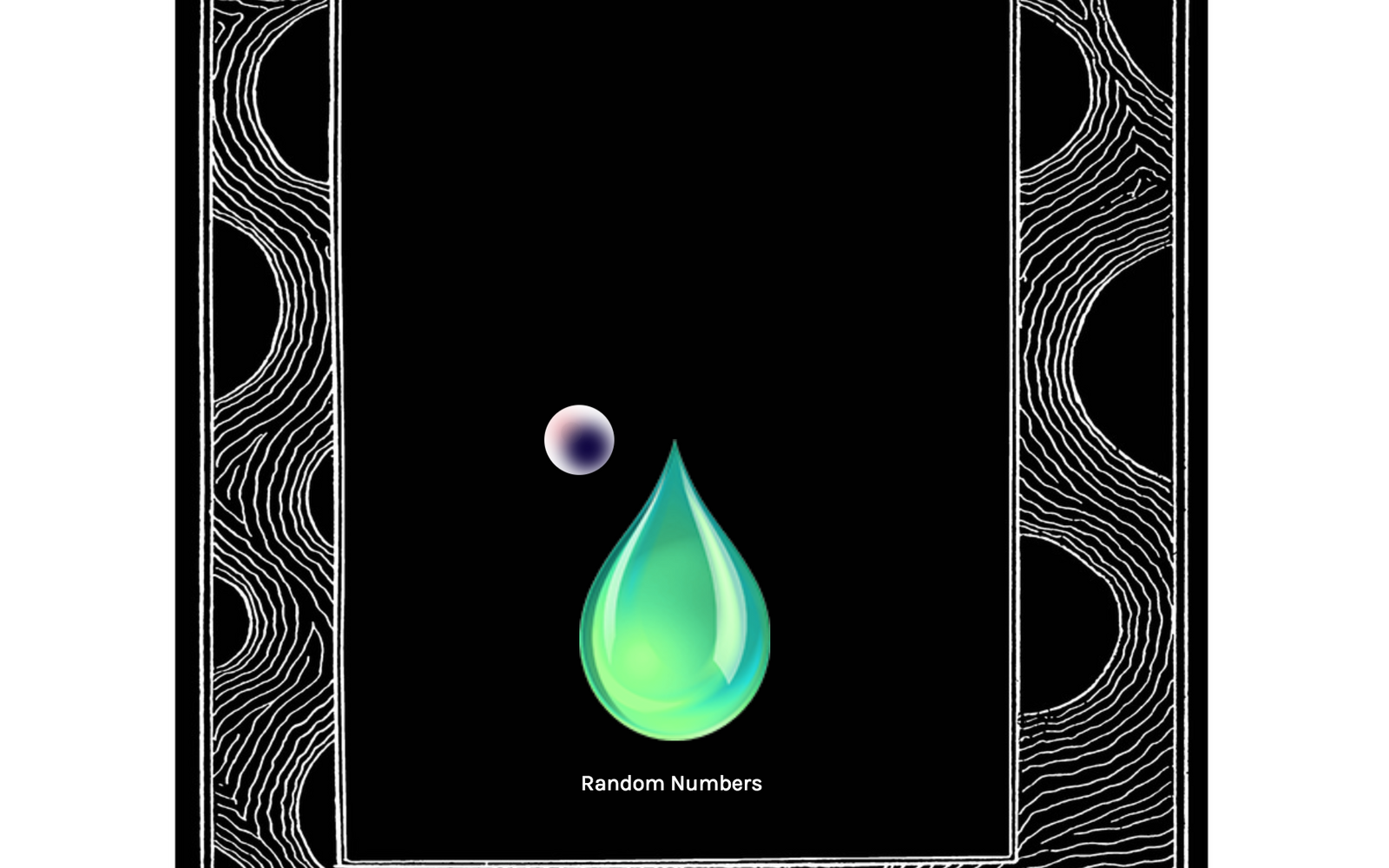 The screenshot shows a green drop with a black background, framed in a patterned frame. Under the drop is »Random Numbers.«