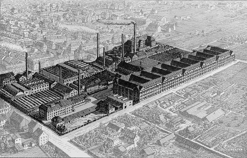 Skizze aus Luftaufnahme des Hallenbaus der Berlin-Karlsruher-Industrie-Werke Aktiengesellschaft, vormals Deutsche Waffen- und Munitionsfabriken AG 