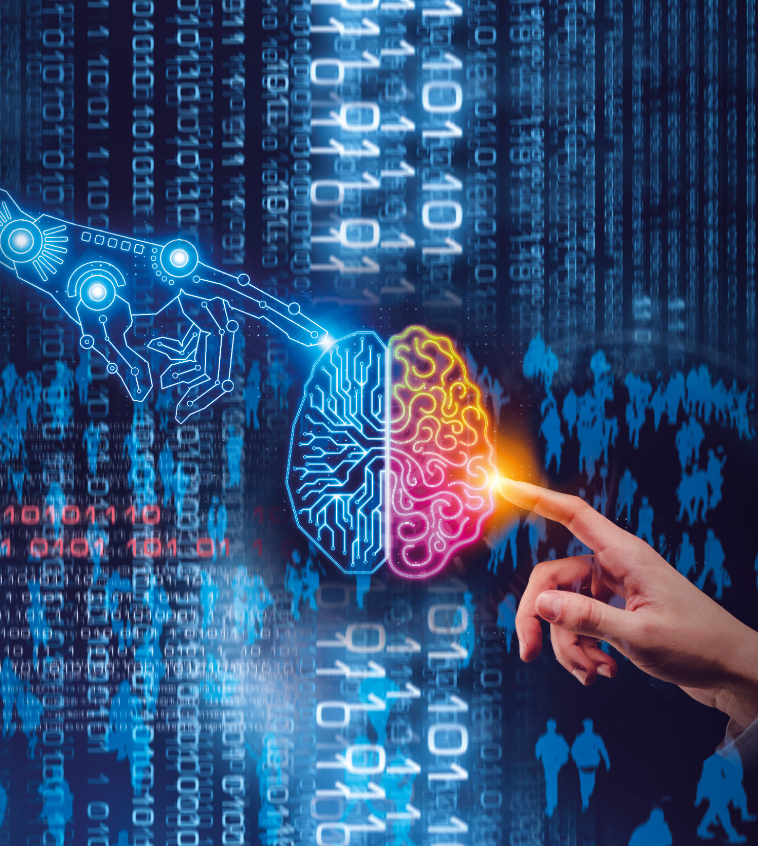 A blue graphic with binary code. It shows a brain and two hands touching it with the index finger.