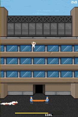 Screenshot aus »Phone Story«, eine kleine Figur fällt von einem Haus