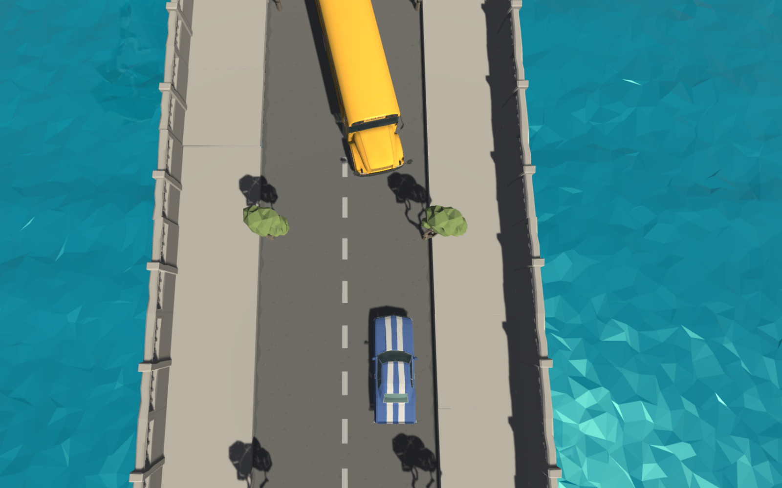 Die Graphik zeigt zwei aufeinanderzufahrende Fahrzeuge auf einer Brücke 