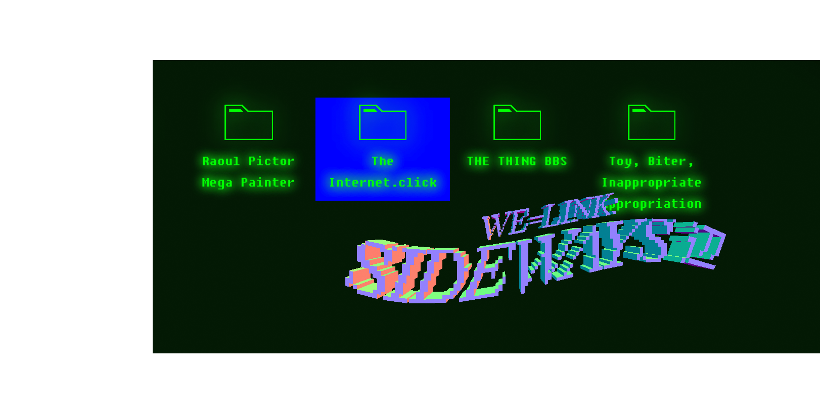 Screenshot der Homepage der Ausstellung »We=Link: Sideways« im Chronus Art Center (CAC) Shanghai. Ein schwarzer Hintergrund mit Desktop-Ordnern und dem Titel in bunten Neon-Farben.