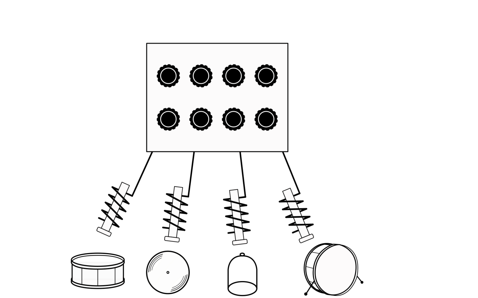 Zu sehen ist ein Rechteck mit acht dunklen Punkten darin. die an Anschlüsse erinnern. Unterhalb sind Instrumente zu sehen, die durch Linien und Stecker mit der Box verbunden sind. 