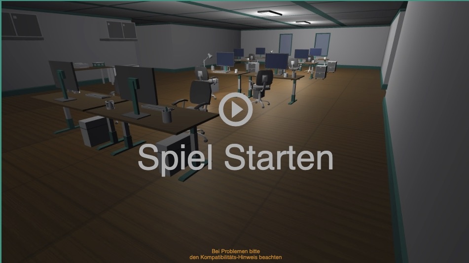 Homescreen of the online game »Phishing Master«,  abandoned animated open plan office, above it the writing "start game".