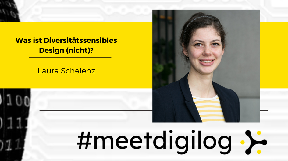 Zu sehen ist der Schriftzug Was ist diversitätssensibles Design (nicht)? und ein Porträt von Laura Schelenz.