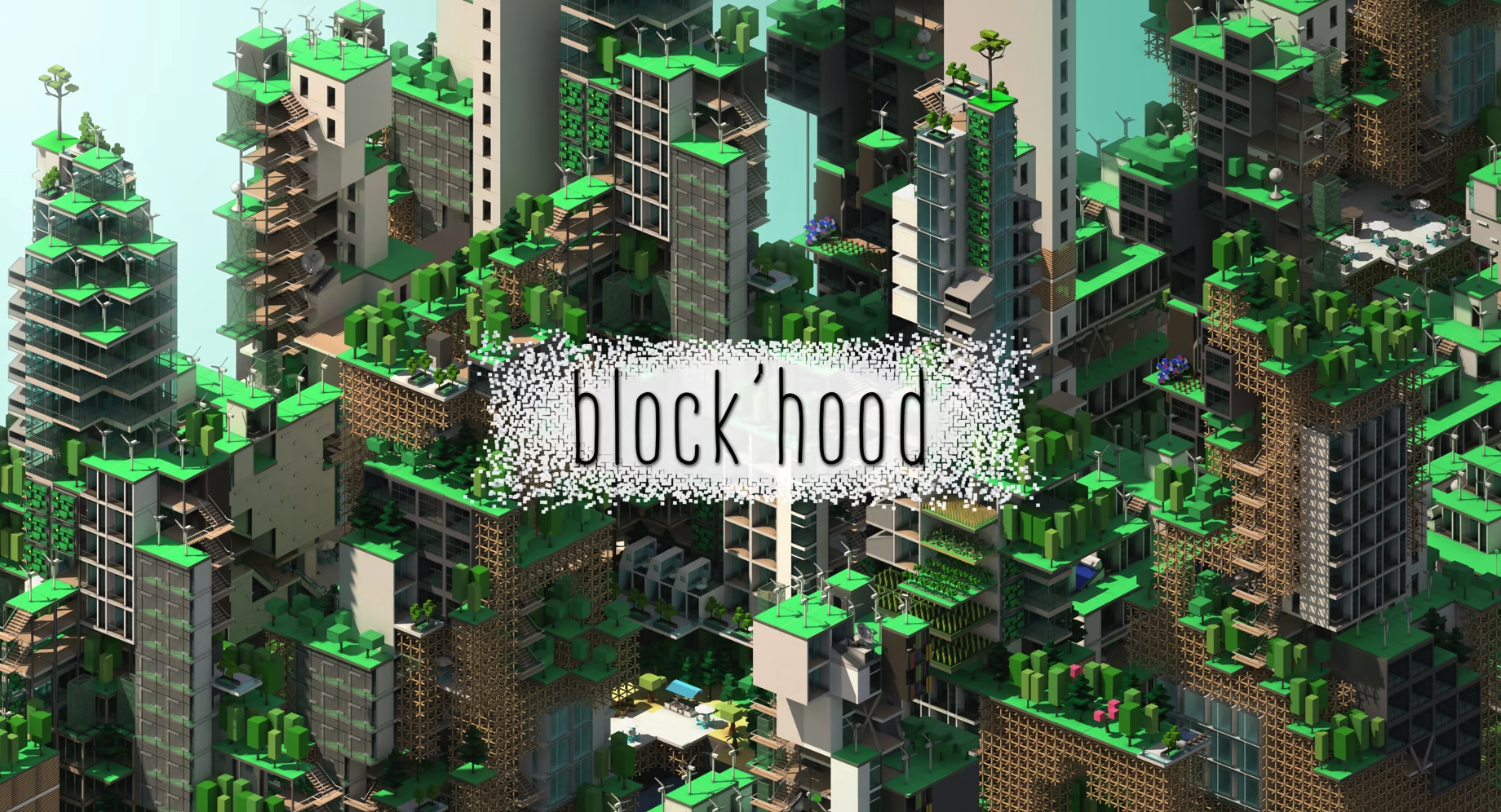 Blockartige Hochhäuser mit dem Titel »Blook'Hood«