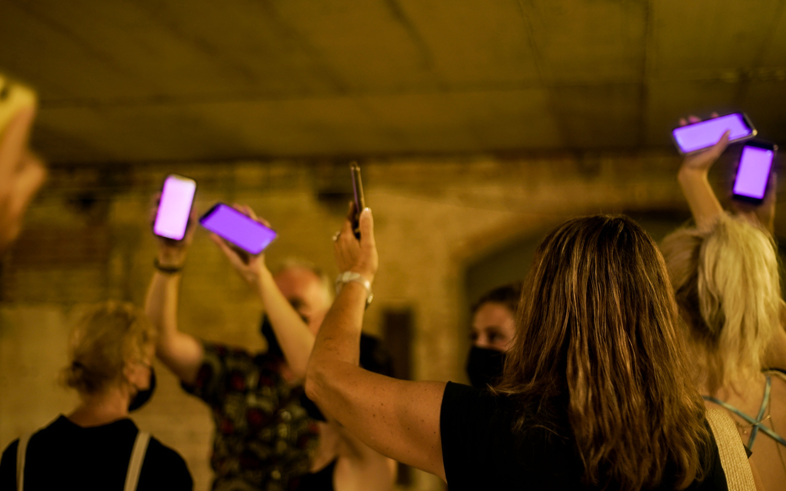 Zu sehen sind mehrere Personen in einem abgedunkelten Raum, die ihre Arme nach oben strecken. In ihrer Hand halten sie ein Smartphone, dass pink aufleuchtet.
