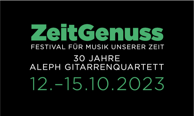Green lettering ZeitGenuss on black background with filigree white graphic