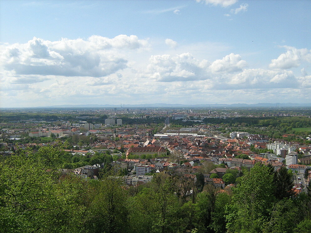 Luftaufnahme einer Stadt mit viel Grün.