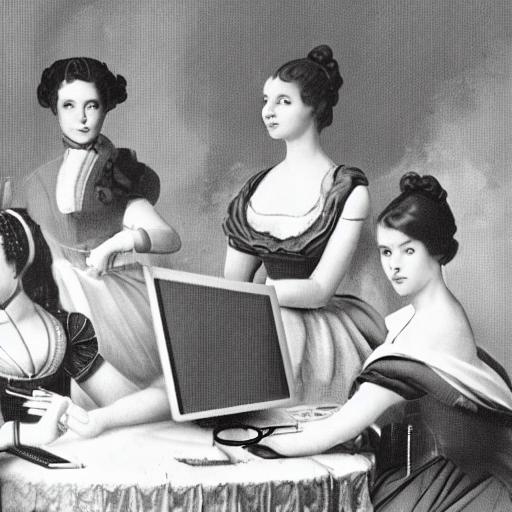 Vier Frauen an einem Computer, schwarz weiß Bild im Stil der Romantik