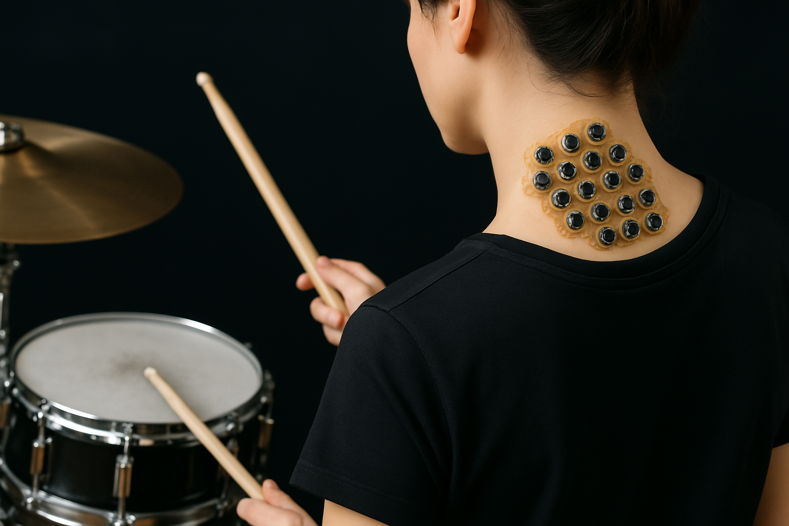 Das Bild zeigt eine Schlagzeugerin von hinten, die Drumsticks hält und ein Schlagzeug spielt, während auf ihrem Nacken mehrere runde Sensoren befestigt sind.