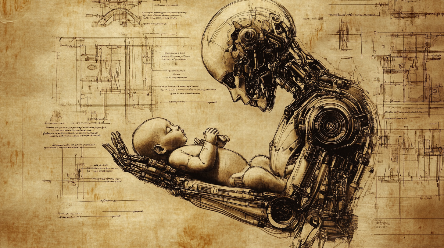 Zu sehen ist ein KI-generiertes Bild, das eine humanoide Maschine zeigt, die hält ein menschliches Baby in den Armen hält.