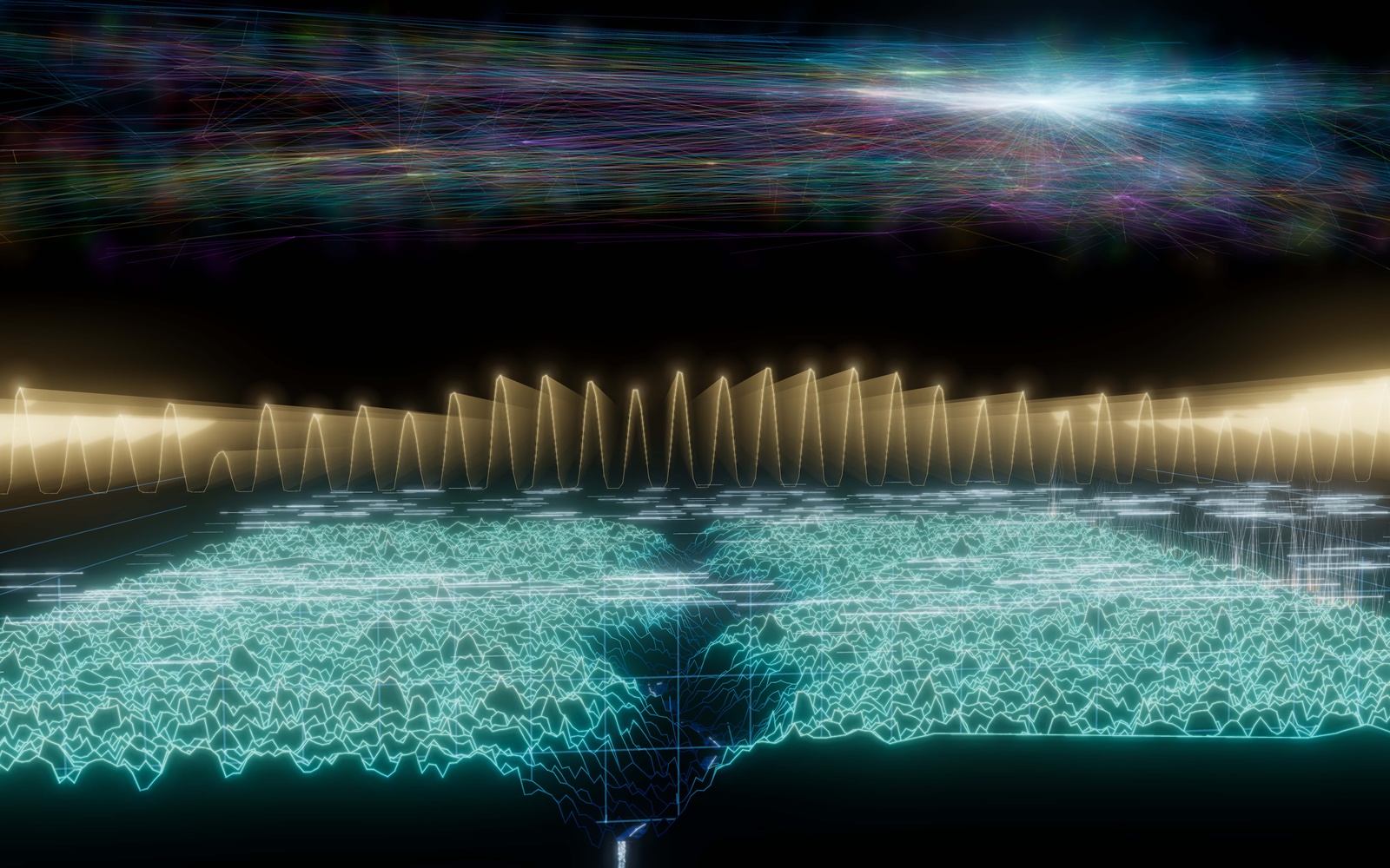 An abstract landscape made of glowing neon lines.