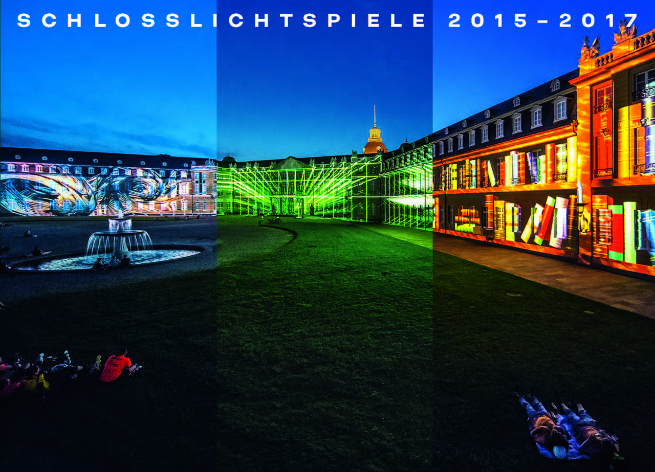 The Karlsruhe castle with colorful projections on the facade.