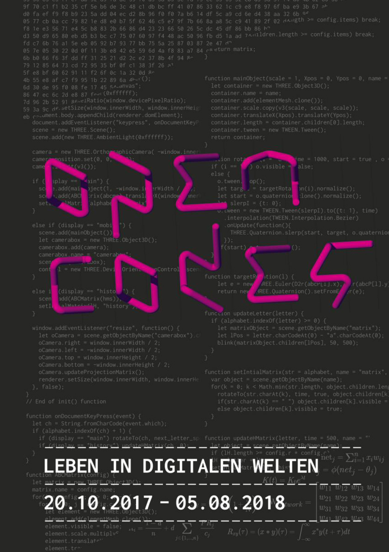 Schwarze Titelseite mit pink und weißer Schrift. Weiße Codes im Hintergrund.