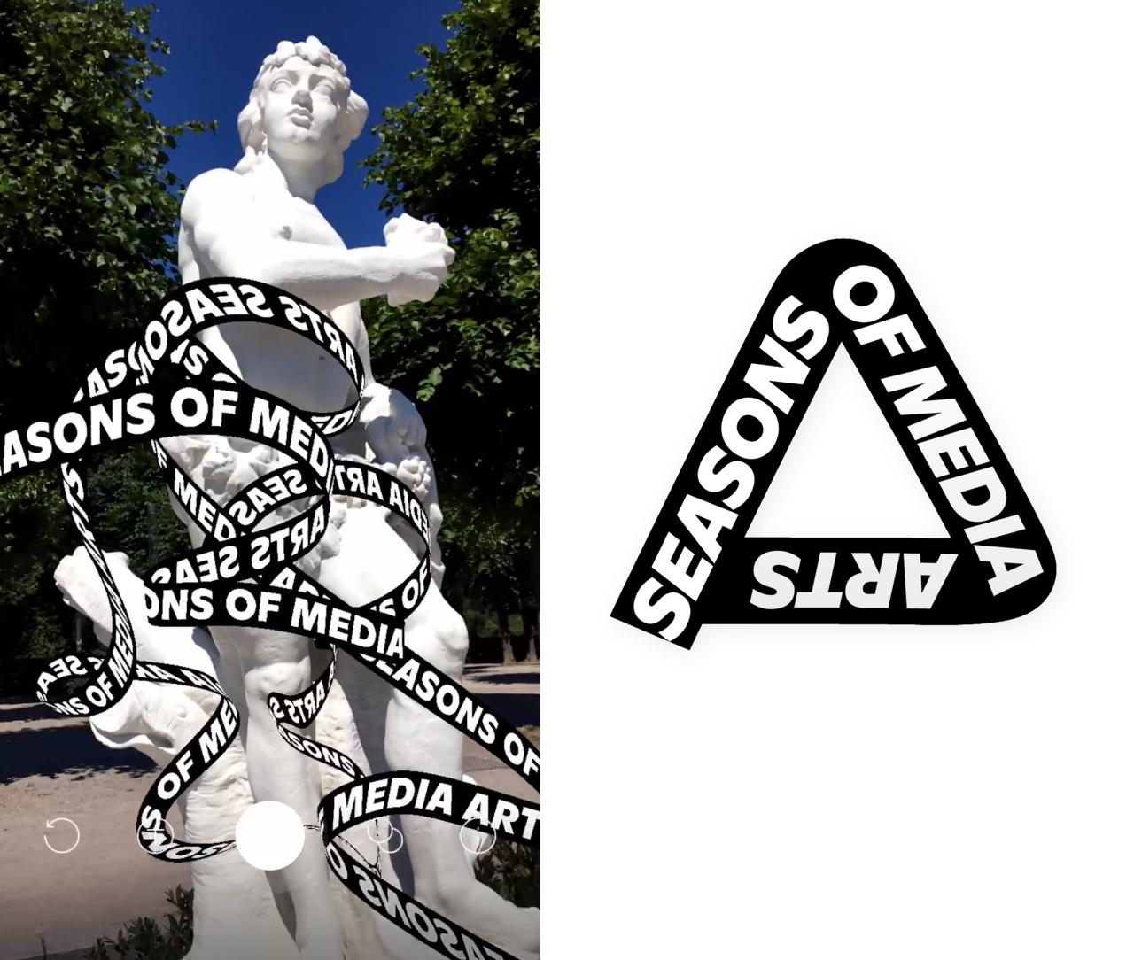 Eine antike Statue eines Mannes, um die sich ein virtuelles Band mit Schriftzug windet. 