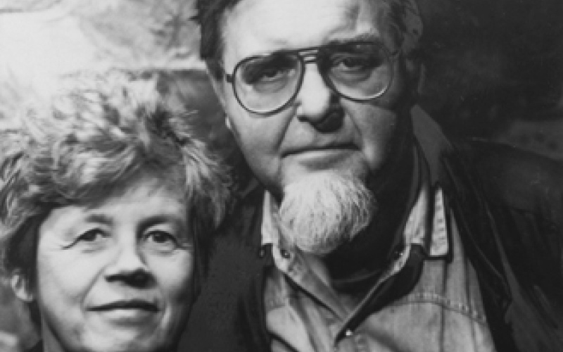 Portrait of Steina and Woody Vasulka in black and white