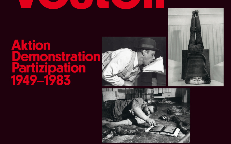 Cover der Publikation »Beuys Brock Vostell«: rote Schrift auf schwarzem Grund, drei Schwarzweißfotos.
