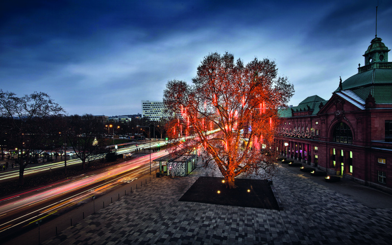 You can see a large tree with red light tubes hanging from its branches on a busy road at night
