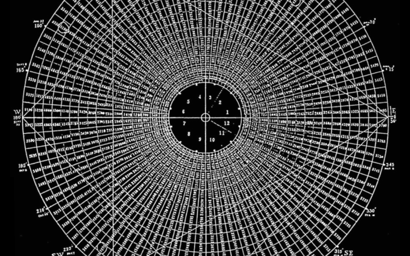 Circular diagram with white numbers and lines on a black background