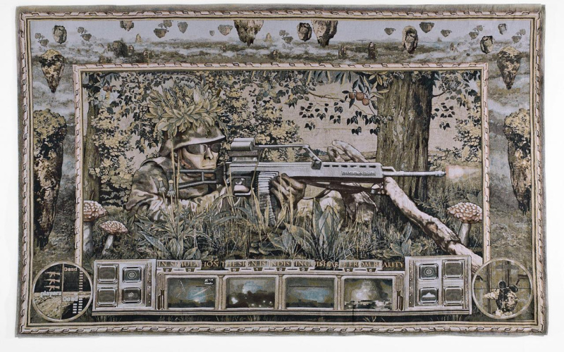 Woven representation of a lying soldier with rifle in a forest landscape