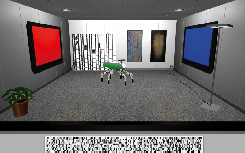 Computer animation of a room with screens and objects on the walls and a robot in the middle of the room