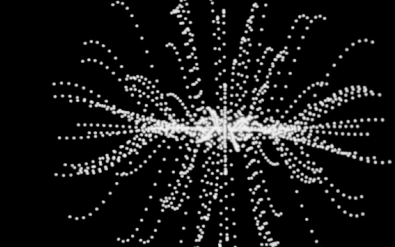 An arrangement of white dots in a chain-like structure on a black background