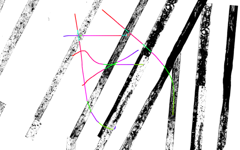 Graphical representation of diagonal black bars with colored lines between them 