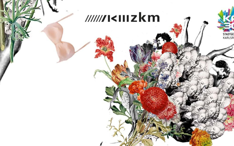 Collage aus verschiedenen Tulpen und Köpfen des Gründers von Karlsruhe, Karls Wilhelm von Baden-Durlach, sie bilden einen Blumenstrauß. Außen ist der Titel des Workshops zu lesen und daneben Frauenbeine und ein durch die Luft wirbelnder BH.