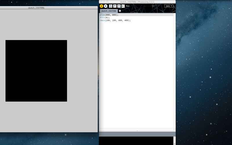 The picture shows two open windows of an Apple computer on starry sky background