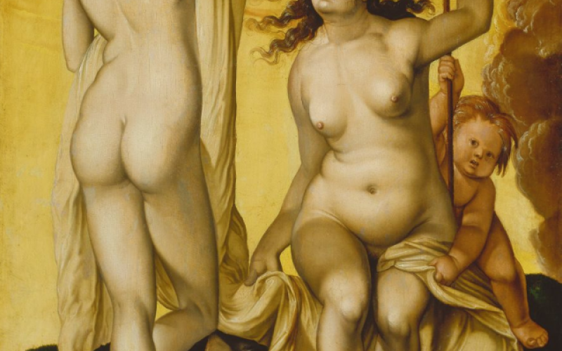 Zu sehen sind »Die Wetterhexen« von Hans Baldung Grien. Links sieht man den Rücken und das Halbprofil einer nackten Frau, rechts sitzt eine nackte Frau und hält ein Gefäß in der Hand.
